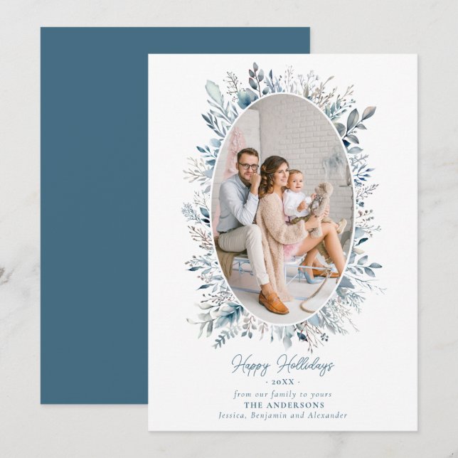 Dusty Blue Winter Foliage Wreath Family Photo Chic Holiday Card (Front/Back)