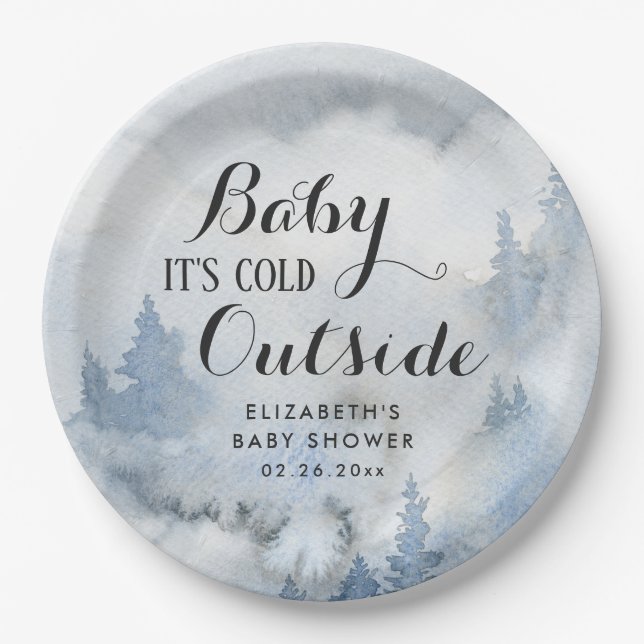  Dusty Blue Winter Forest -Baby It's Cold Outside  Paper Plate (Front)