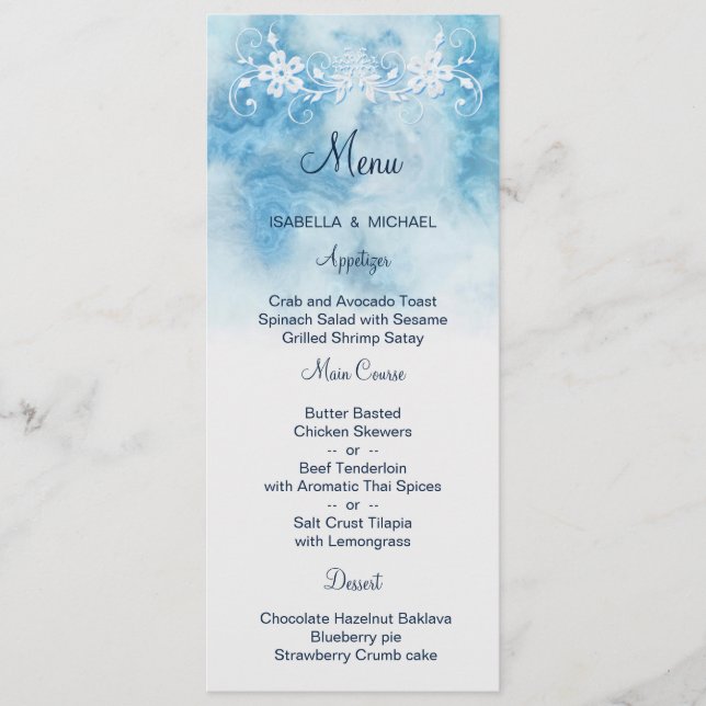 Dusty Blue Winter Script Calligraphy Watercolor Menu (Front)