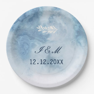Dusty Blue Winter Script Calligraphy White Branch Paper Plate