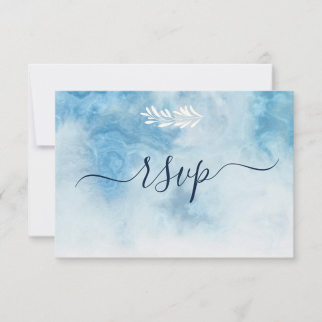 Dusty Blue Winter Script Calligraphy White Branch RSVP Card (Front)