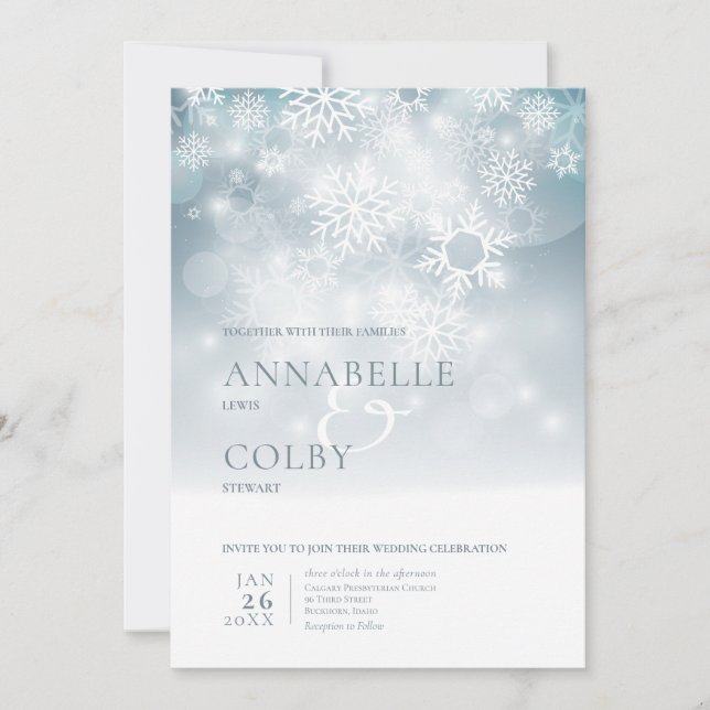 Dusty Blue Winter Snow Modern Wedding Invitation (Front)