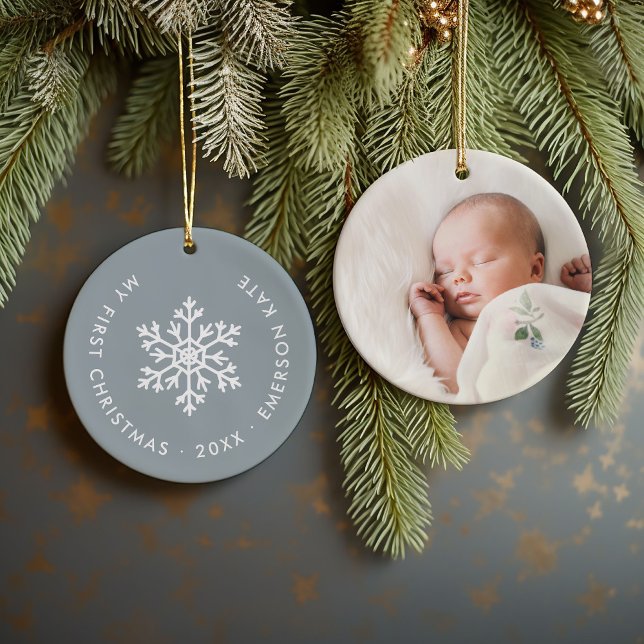Dusty Blue Winter Snowflake First Christmas Photo Ceramic Tree Decoration (Creator Uploaded)
