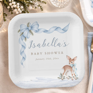 Dusty Blue Winter Woodland Baby Shower Paper Plate