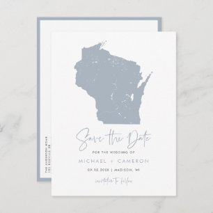 Dusty Blue Wisconsin Map QR Code Save the Date Announcement Postcard