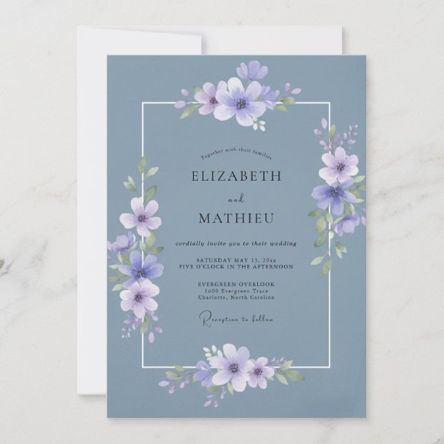 Dusty Blue Wispy Spring Wedding Invitation (Front)
