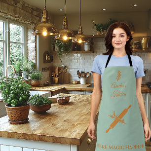 Dusty Blue with Bronze Rolling Pin and Herb Design Apron