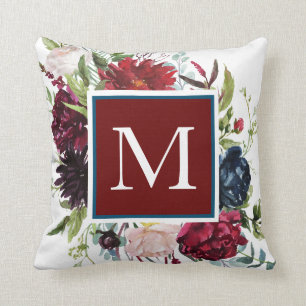Dusty Blue with Burgundy Wine Floral Monogram Cushion
