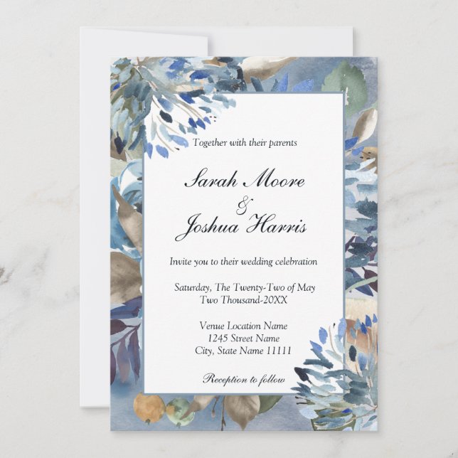 Dusty blue with frame, floral  wedding invitation (Front)
