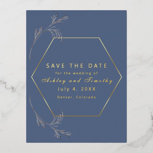Dusty Blue with Gold Foil Save the Date Postcard (Front)