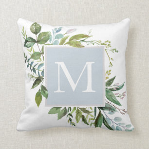 Dusty Blue with Greenery Monogram Cushion