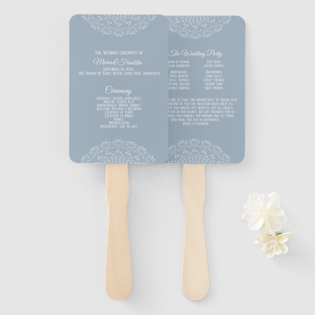 Dusty Blue with white mandala Wedding Program Fan (Front and Back)