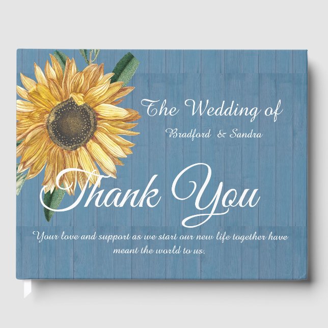 Dusty Blue Wood Sunflower Wedding Thank you  Guest Book (Front)