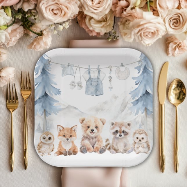 Dusty Blue Woodland Adventure Awaits Baby Shower Paper Plate (Creator Uploaded)