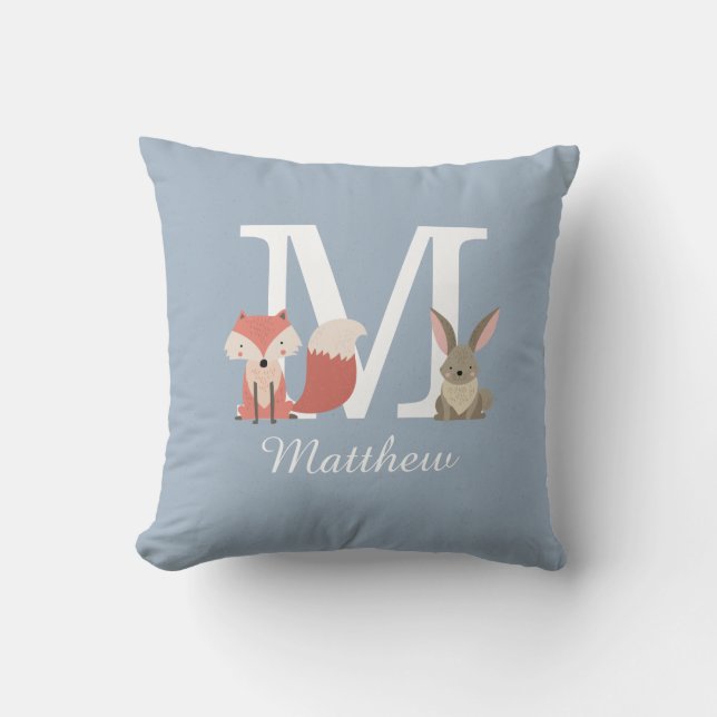 Dusty Blue Woodland Animals Monogram Initial Cushion (Front)