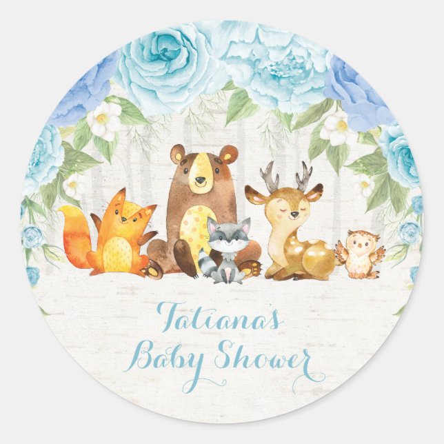 Dusty Blue Woodland Baby Animals Thank You Classic Round Sticker (Front)