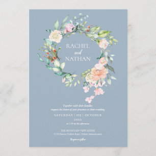 Dusty Blue Woodland Roses Greenery Floral Wedding Invitation