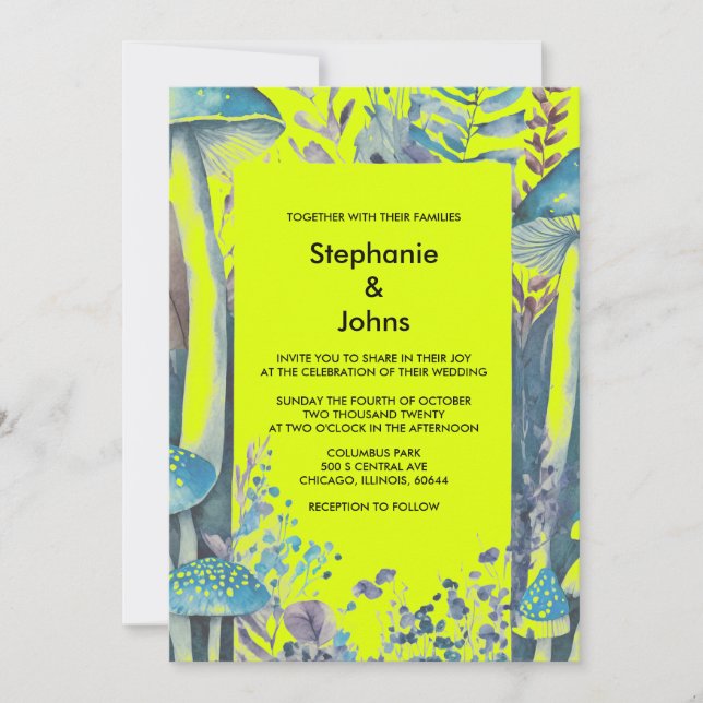 Dusty Blue Woodlands Mushroom Yellow Green Wedding Invitation (Front)
