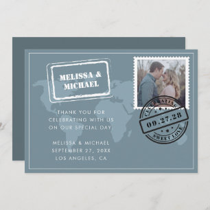 Dusty Blue World Map Destination Wedding Photo Thank You Card
