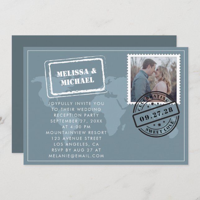 Dusty Blue World Map Destination Wedding Reception Invitation (Front/Back)