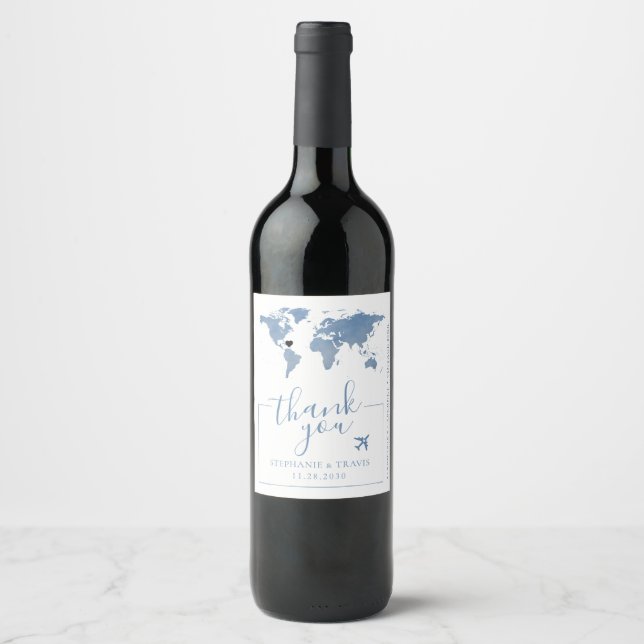 Dusty Blue World Travel Map with Moveable Heart Wine Label (Front)
