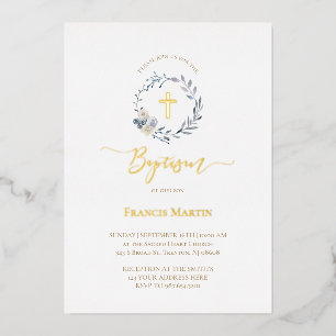 dusty blue wreath Baptism Foil Invitation