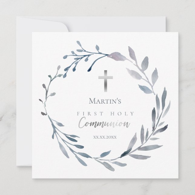 dusty blue wreath First Holy Communion Invitation (Front)