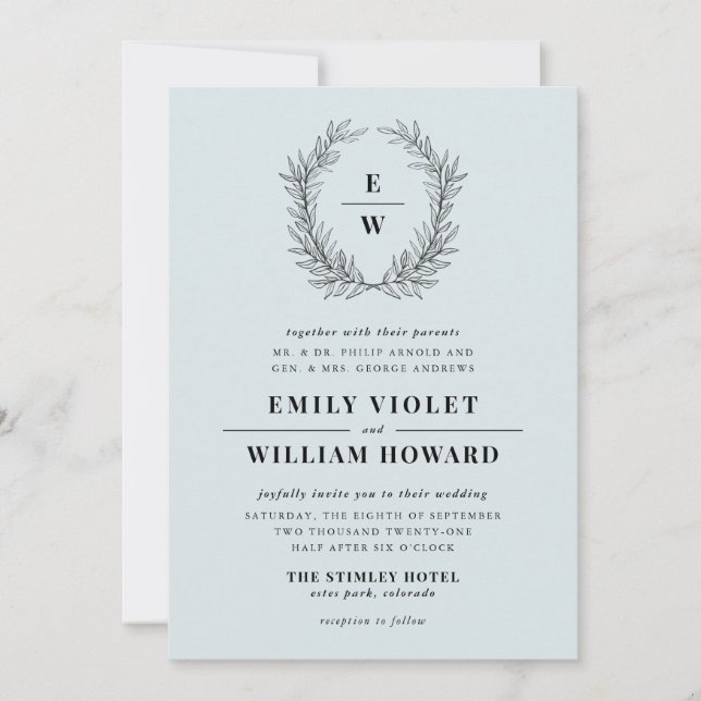 Dusty Blue Wreath Monogram Wedding Invitation (Front)