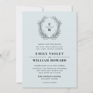 Dusty Blue Wreath Monogram Wedding Invitation