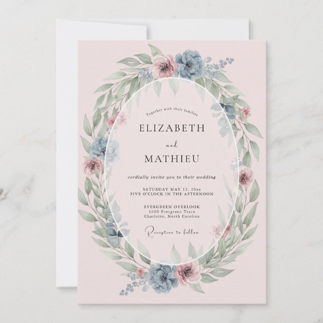 Dusty Blue Wreath Romance Wedding Invitation (Front)