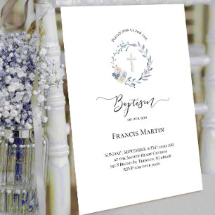 dusty blue wreath watercolor Baptism Invitation