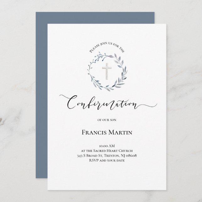 dusty blue wreath watercolor Confirmation Invitation (Front/Back)