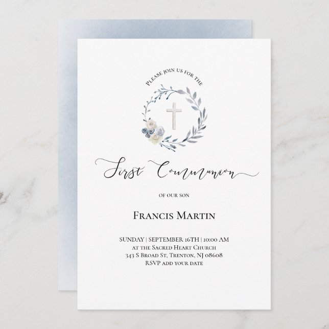 dusty blue wreath watercolor First Holy Communion Invitation (Front/Back)