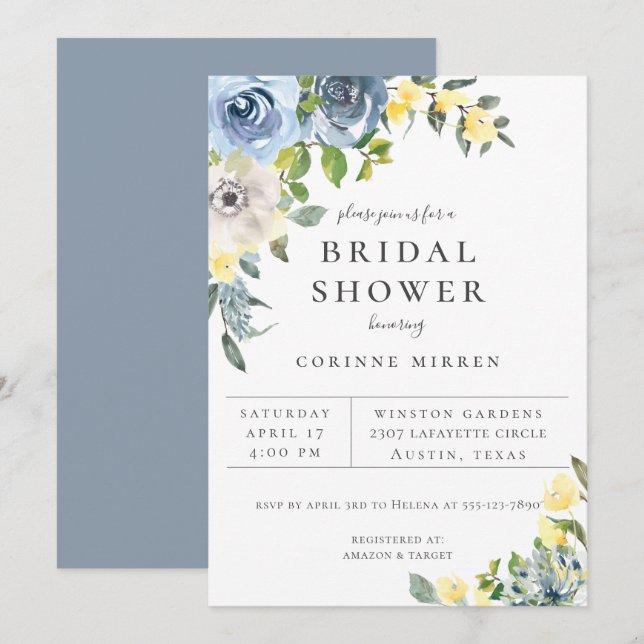 Dusty Blue Yellow Botanical Floral Bridal Shower Announcement (Front/Back)