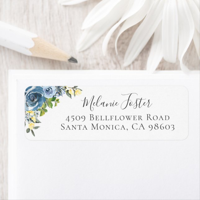 Dusty Blue Yellow Botanical Floral Return Address (Insitu)