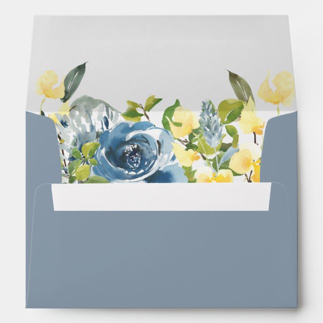 Dusty Blue Yellow Botanical Floral Return Address Envelope (Back (Bottom))