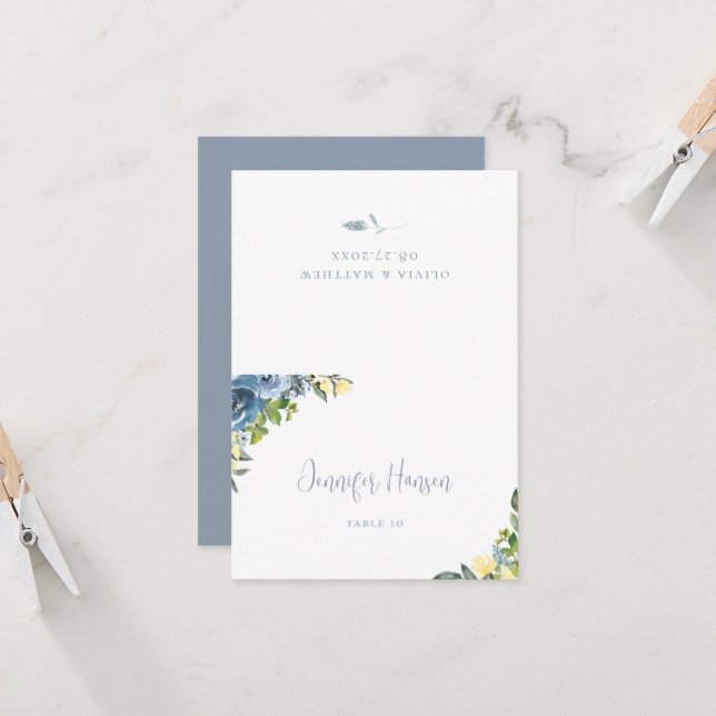 Dusty Blue Yellow Botanical Wedding Place Card (Front/Back In Situ)