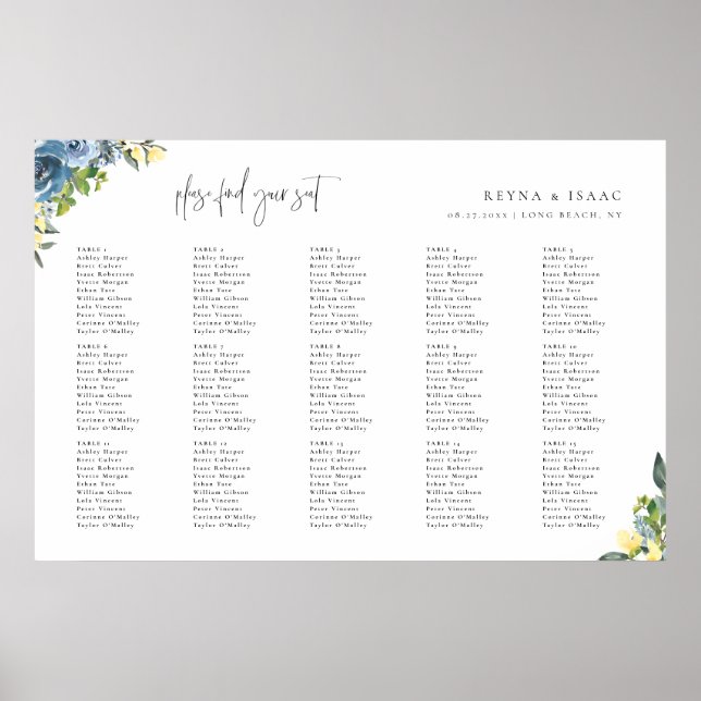 Dusty Blue Yellow Botanical Wedding Seating Chart (Front)