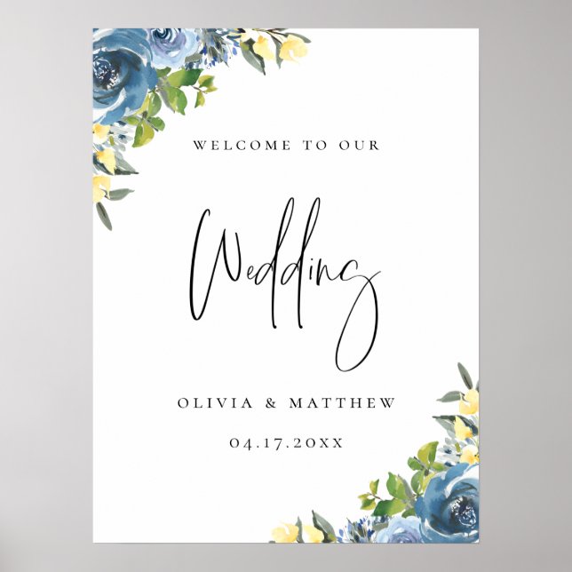 Dusty Blue Yellow Botanical Wedding Welcome Poster (Front)