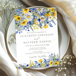 Dusty Blue Yellow Daisy Wildflowers Boho Wedding Invitation