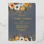 Dusty Blue Yellow Floral 90th Birthday<br><div class="desc">Elegant 90th birthday party invitation for her with beautiful dusty blue and mustard yellow watercolor flowers and real gold foil lettering.  Contact me for assistance with your customisations or to request matching or coordinating Zazzle products.</div>