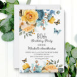 Dusty Blue Yellow Floral Butterflies 80th Birthday Invitation<br><div class="desc">80th birthday party invitation with beautiful dusty blue and yellow floral and butterflies. Contact me for assistance with your customisations or to request additional matching or coordinating Zazzle products for your celebration.</div>