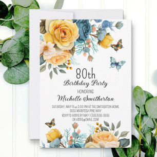 Dusty Blue Yellow Floral Butterflies 80th Birthday Invitation