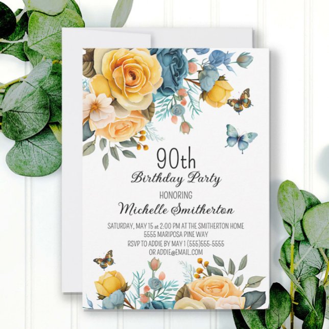 Dusty Blue Yellow Floral Butterflies 90th Birthday Invitation (Creator Uploaded)