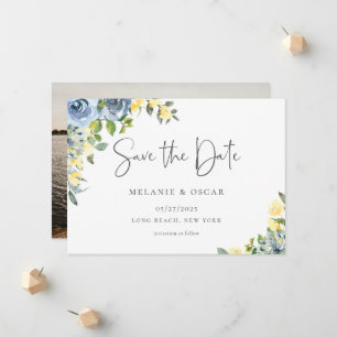 Dusty Blue Yellow Floral Photo Save the Date Announcement