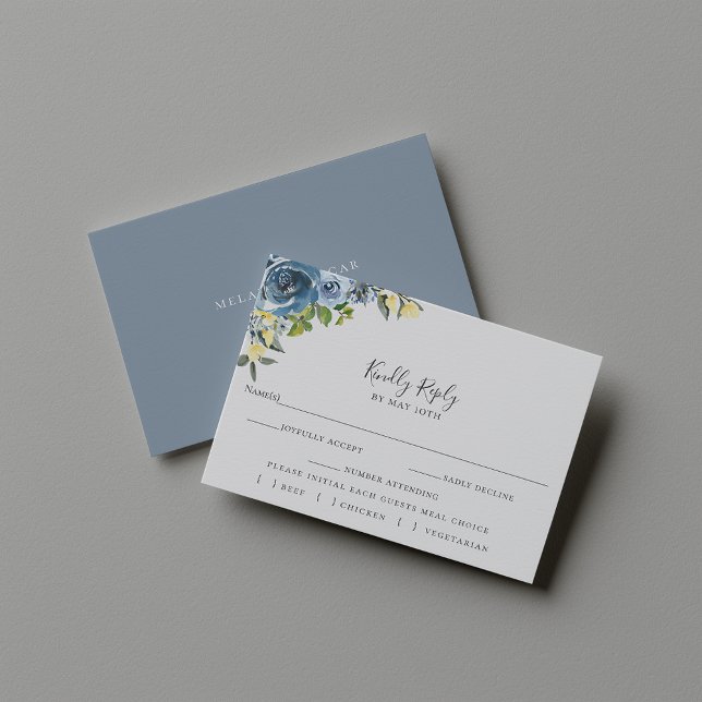 Dusty Blue Yellow Floral Wedding RSVP Meal Choice Card (Creator Uploaded)