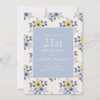 Dusty Blue Yellow Flowers White 21st Birthday