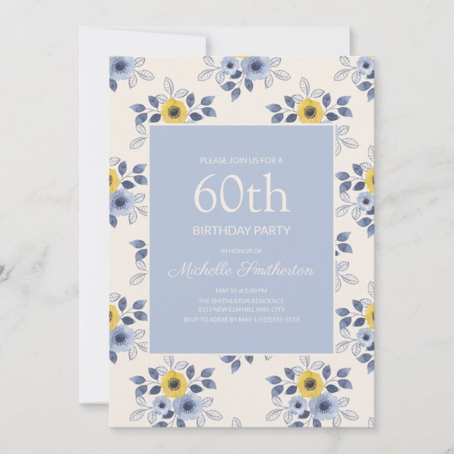 Dusty Blue Yellow Flowers White 60th Birthday Invitation (Front)