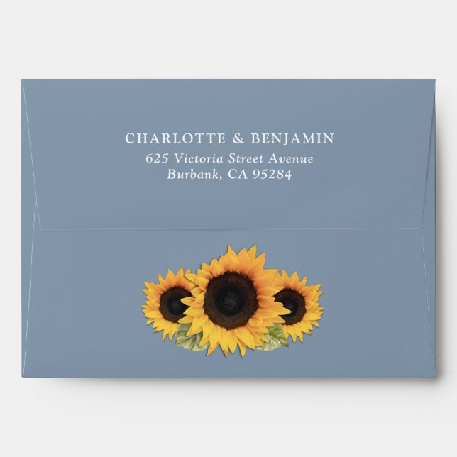 Dusty Blue Yellow Sunflower Wedding Return Address Envelope (Back (Top Flap))