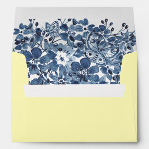 Dusty Blue Yellow Watercolor Floral Lined Wedding Envelope